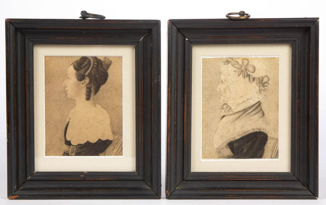 SILON AMOS HENKEL (NEW MARKET, VIRGINIA, 1813-1844),: SILON AMOS HENKEL (NEW MARKET, VIRGINIA, 1813-1844), ATTRIBUTED, FOLK ART PAIR OF MINIATURE PORTRAITS, charcoal and pencil on paper, depicting a young lady and an older lady, each seated in a paint-de