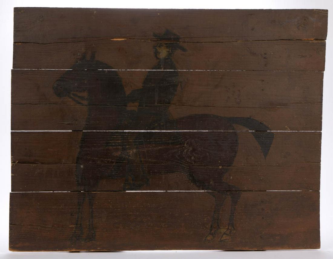 SOUTHERN FOLK ART PAINTED FIREBOARD: SOUTHERN FOLK ART PAINTED FIREBOARD, oil on oak with yellow pine battens, comprising four boards painted with a depiction of a minister, probably Baptist or Brethren riding a bobtail horse. Probably V