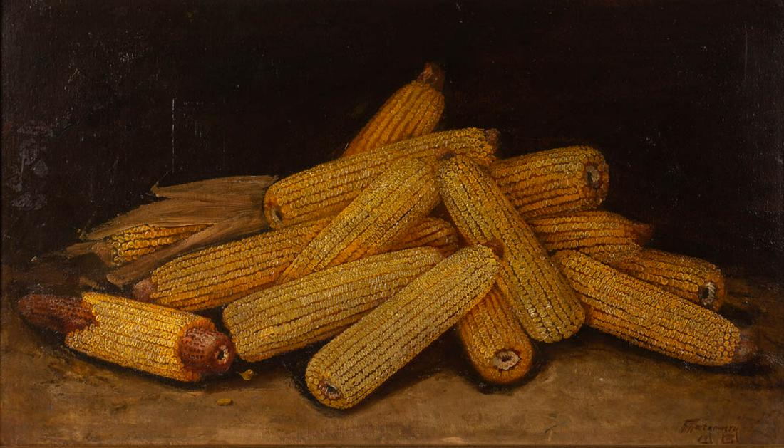 ALFRED MONTGOMERY (AMERICAN, 1857-1922) STILL-LIFE: ALFRED MONTGOMERY (AMERICAN, 1857-1922) STILL-LIFE PAINTING, oil on artist board, depicting fourteen ears of harvested corn with heavy impasto kernels, signed "A. Montgomery" lower right. Housed in a