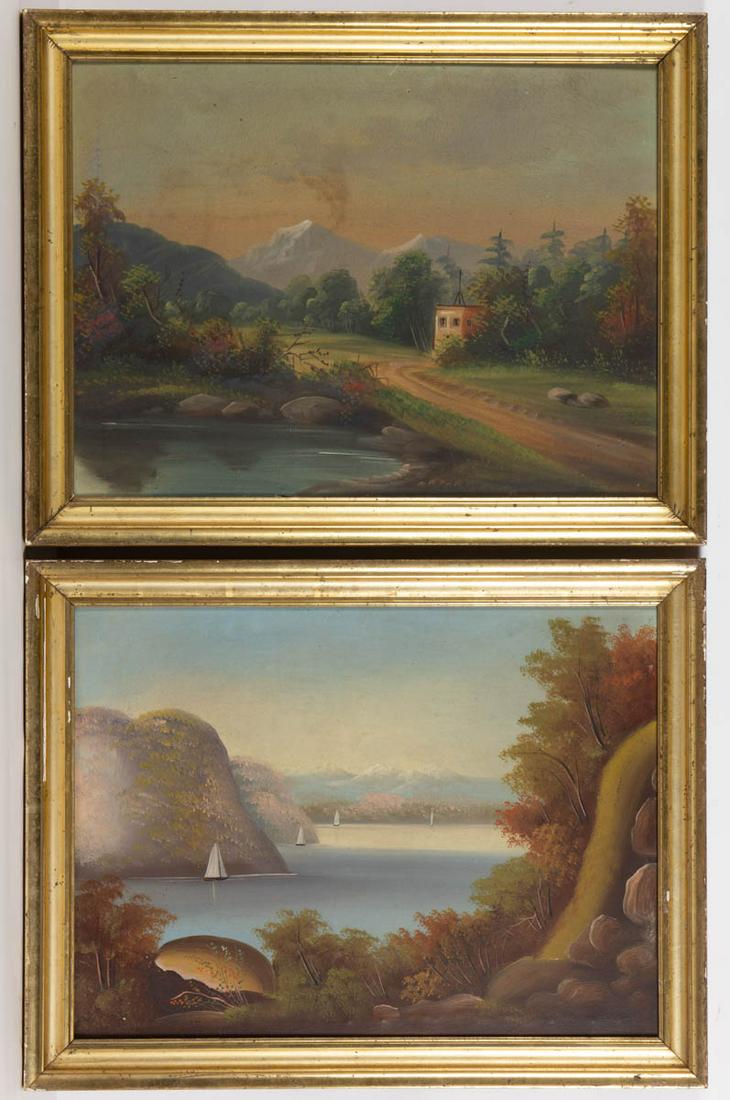 PAIR OF AMERICAN SCHOOL (19TH CENTURY) HUDSON RIVER: PAIR OF AMERICAN SCHOOL (19TH CENTURY) HUDSON RIVER VALLEY-TYPE LANDSCAPES, oil on canvas (each), one inscribed to frame verso in a period hand "A view near West Point", other inscribed to frame verso