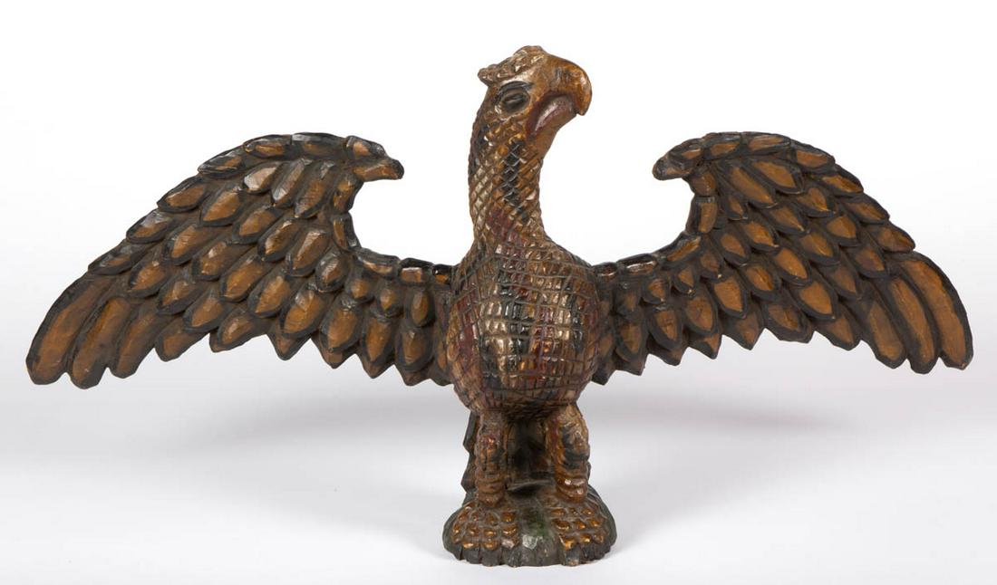 DAVID LUDWIG (20TH/21ST CENTURY), YORK CO.,: DAVID LUDWIG (20TH/21ST CENTURY), YORK CO., PENNSYLVANIA CARVED AND PAINTED SCHIMMEL-STYLE EAGLE, a well executed spread-wing example with cross-hatched body, in the style of 19th century Pennsylvania