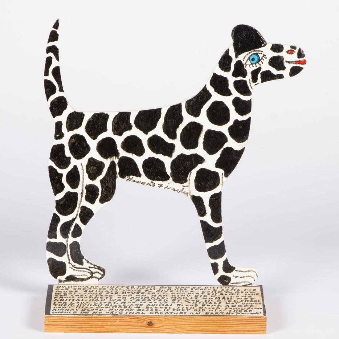 HOWARD FINSTER (ALABAMA, 1916-2001) CARVED AND PAINTED: HOWARD FINSTER (ALABAMA, 1916-2001) CARVED AND PAINTED OUTSIDER ART FIGURE OF A DOG, signed "Howard Finster", with lengthy inscriptions, mostly religious. Retaining original bright polychrome decorati