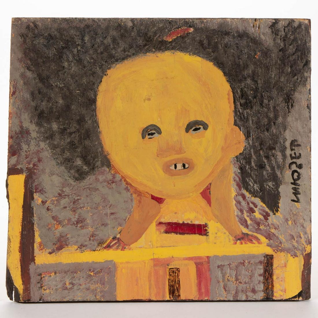 MOSE TOLLIVER (ALABAMA, 1925-2006) OUTSIDER ART: MOSE TOLLIVER (ALABAMA, 1925-2006) OUTSIDER ART PORTRAIT, paint on panel, titled on the reverse "Little Chinese girl", signed on the right side with signature backward "S". Dated 1996. 12 3/4" x 13 1/