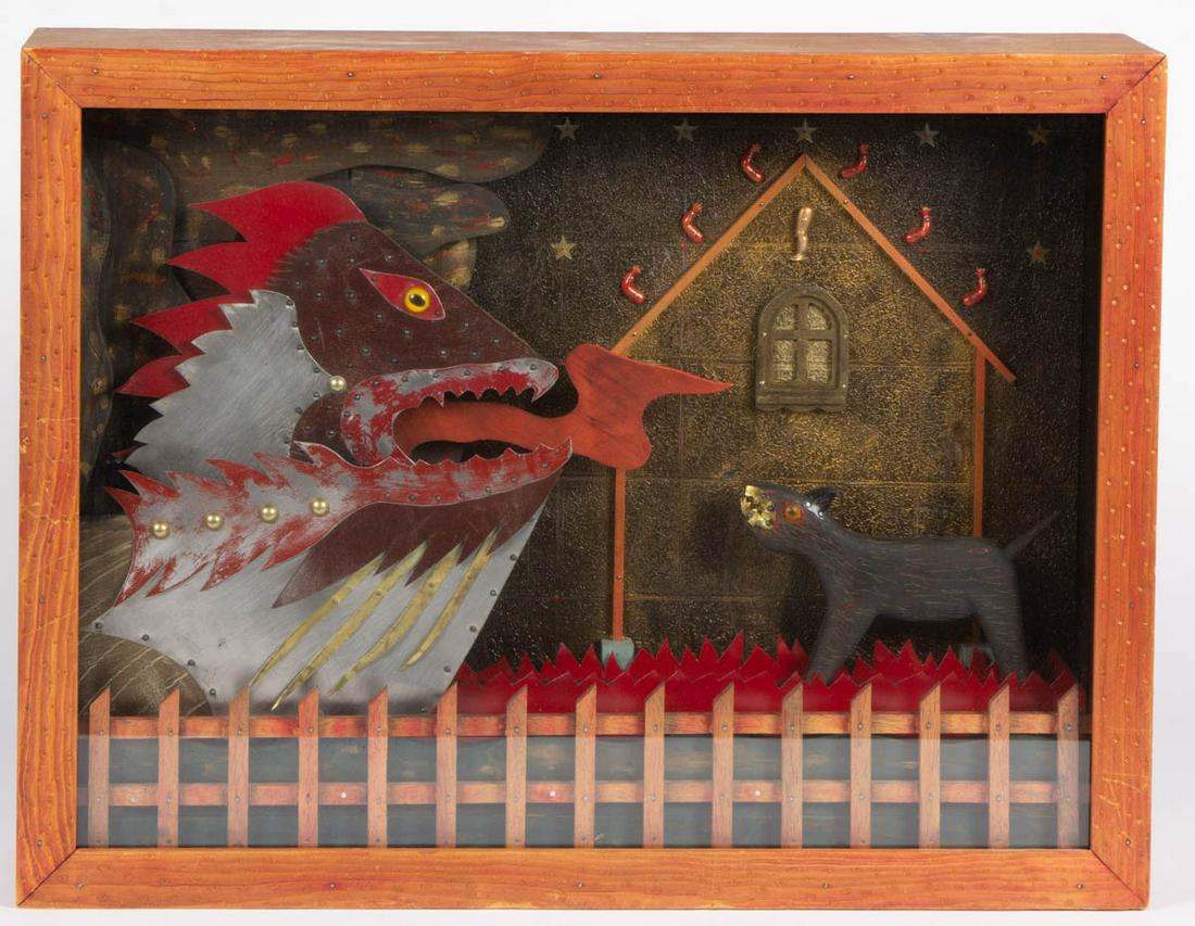 AMERICAN 20TH CENTURY OUTSIDER ART DIORAMA: AMERICAN 20TH CENTURY OUTSIDER ART DIORAMA, depicting a serpent figure and a black dog, signed and titled on the reverse "Newhouse / Serpent versus dog". Housed inside a paint-decorated shadowbox fram