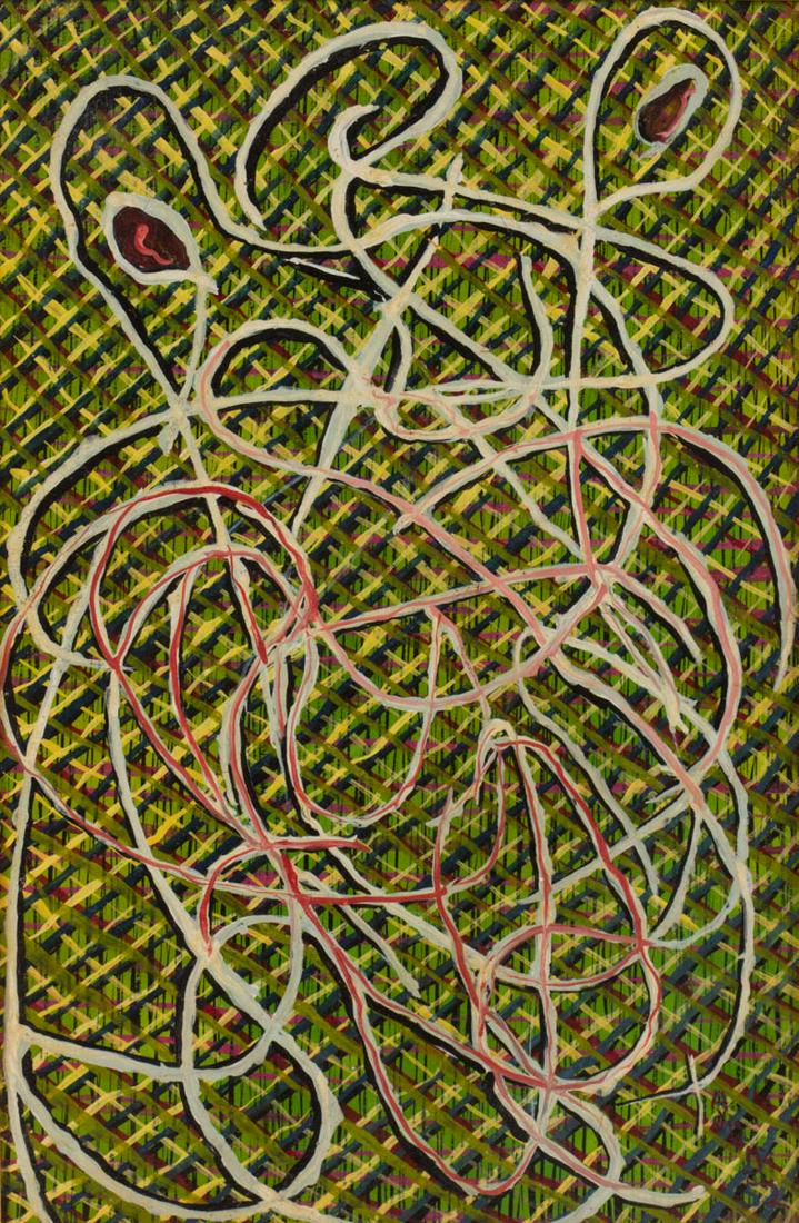 BENI KOSH (AMERICAN, 1917-1993) OUTSIDER ART ABSTRACT: BENI KOSH (AMERICAN, 1917-1993) OUTSIDER ART ABSTRACT PAINTING, oil on board, signed and dated by the artist in the lower right corner, estate stamped and numbered "Beni / Kosh / COLLECTION / #16". Ho