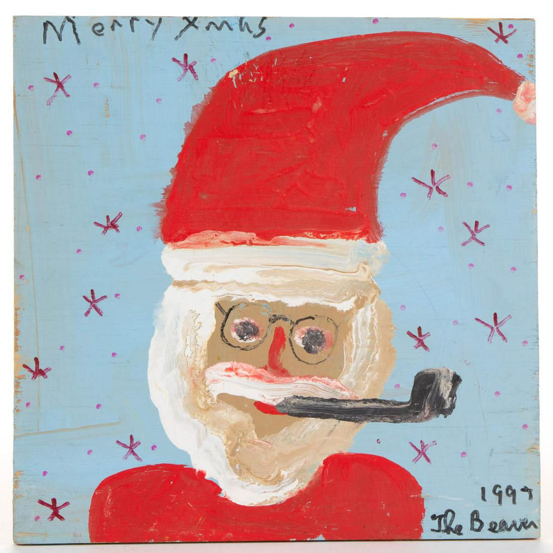 ROBYN BEVERLAND "THE BEAVER" (FLORIDA 1957-1998): ROBYN BEVERLAND "THE BEAVER" (FLORIDA 1957-1998) OUTSIDER ART SANTA CLAUS PORTRAIT, paint on panel, titled "Merry Xmas", signed and dated in the lower right corner "1997 / The Beaver". Dated 1997. 12"