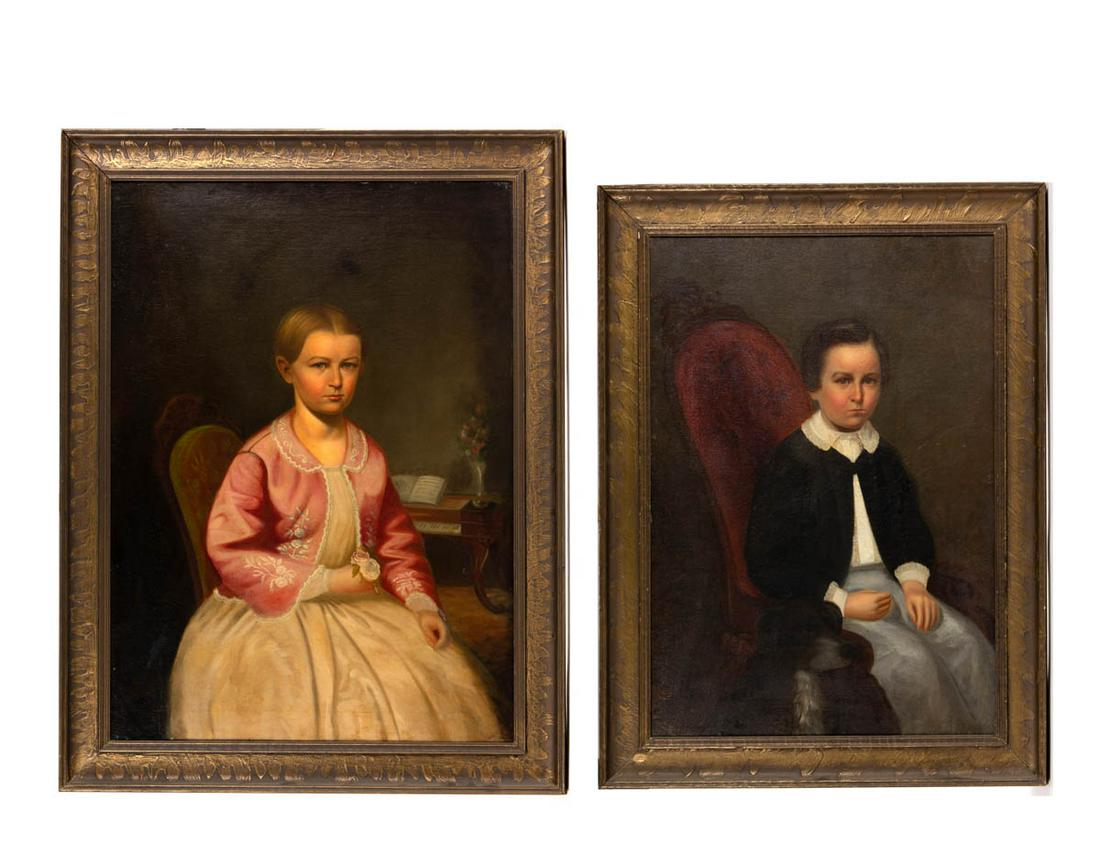 PAIR OF GEORGE CALEB BINGHAM (AMERICAN, 1811-1879),: PAIR OF GEORGE CALEB BINGHAM (AMERICAN, 1811-1879), ATTRIBUTED, PORTRAITS OF THE SWINNEY CHILDREN OF GLASGOW, MISSOURI, oil on canvas (each), sitters Mary Anne Swinney (1855-1876) and William Daniel S