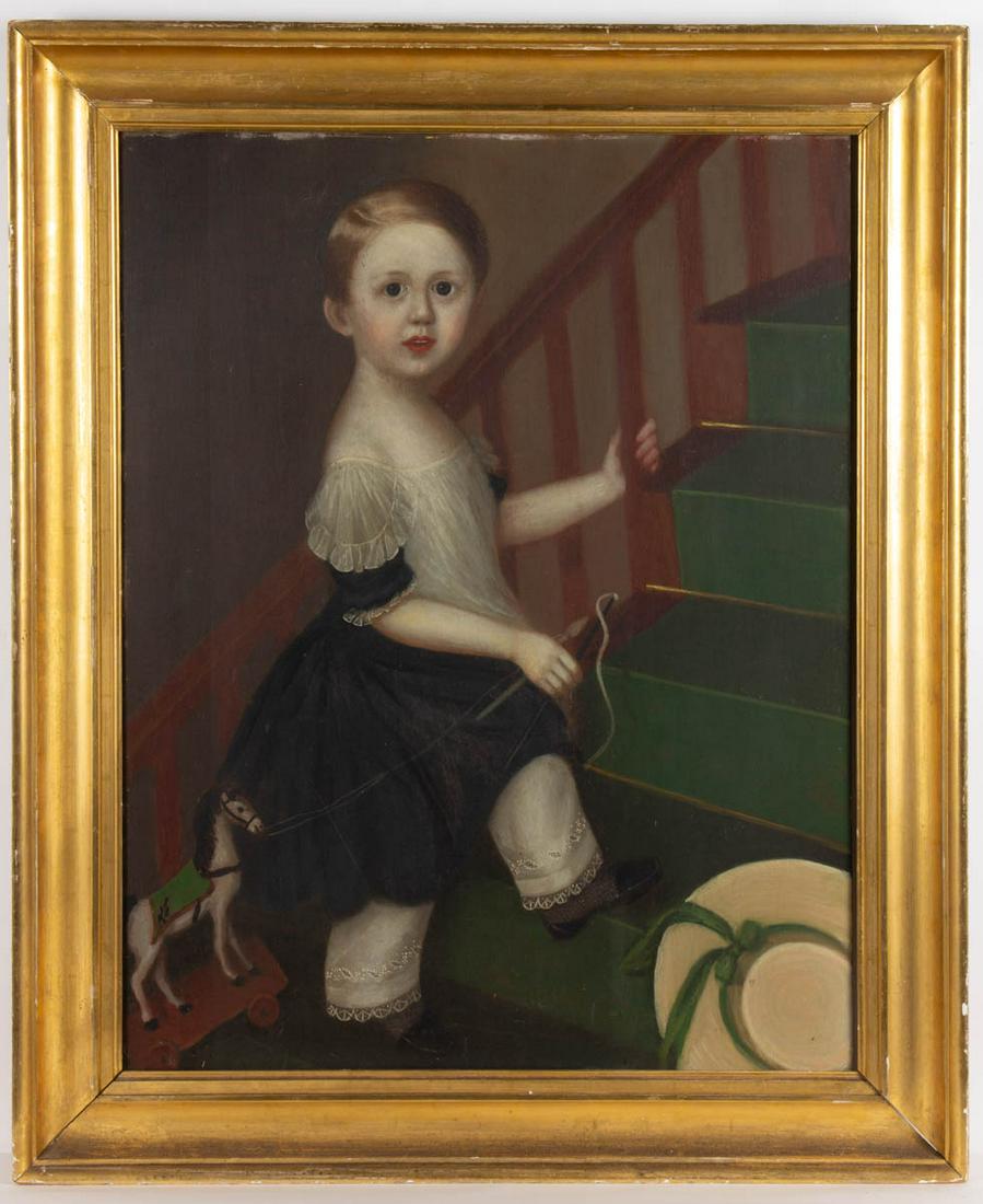 AMERICAN SCHOOL (19TH CENTURY) FOLK ART PORTRAIT OF A: AMERICAN SCHOOL (19TH CENTURY) FOLK ART PORTRAIT OF A BOY, oil on poplar panel, sitter walking up steps pulling a horse toy with hat discarded down the stairs, no signature located. Housed in a period