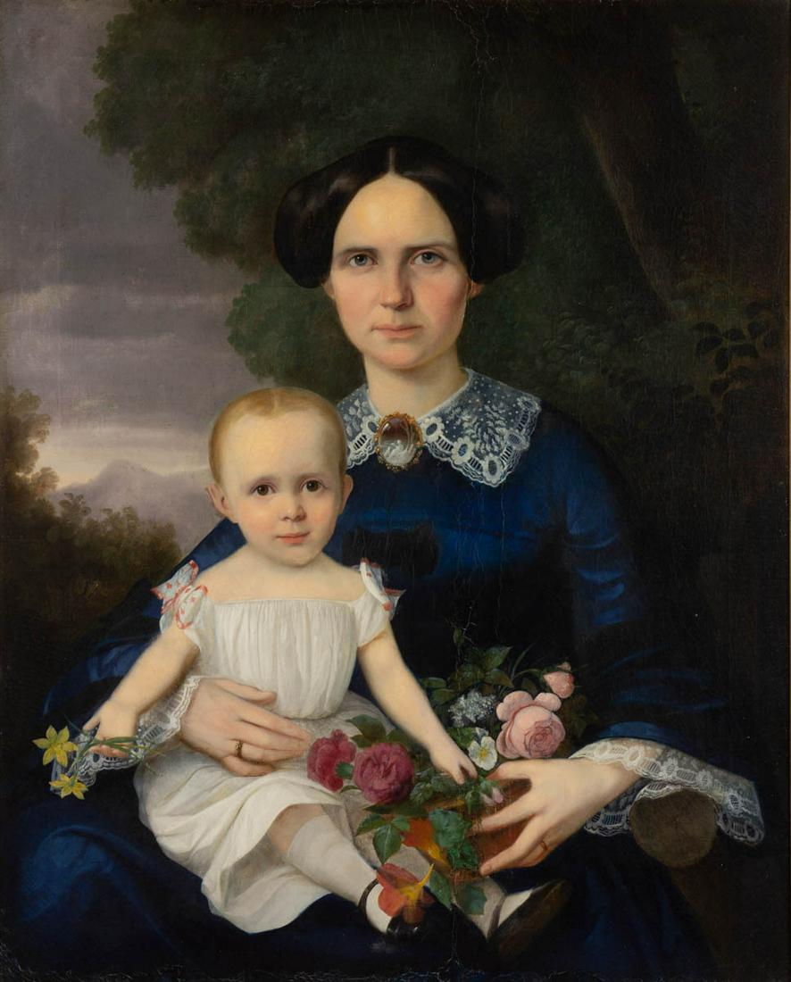 AMERICAN SCHOOL (19TH CENTURY) PORTRAIT OF A MOTHER AND: AMERICAN SCHOOL (19TH CENTURY) PORTRAIT OF A MOTHER AND CHILD, oil on canvas, finely detailed depiction of a mother seated with a young child in her lap, both holding a basket filled with fresh-cut fl