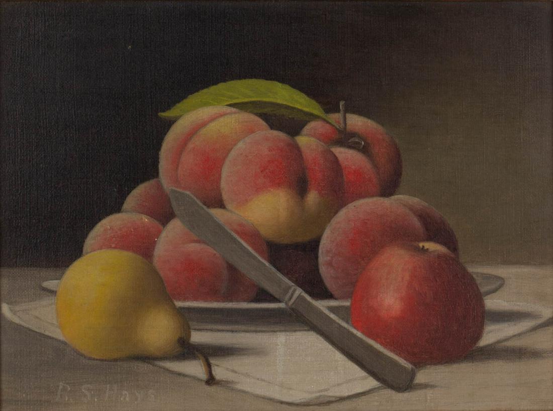 BARTON STONE HAYS (AMERICAN, 1826-1914) FOLK ART: BARTON STONE HAYS (AMERICAN, 1826-1914) FOLK ART STILL-LIFE PAINTING, oil on canvas, depicting peaches on a plate, an apple, pear, and knife in foreground, signed "B.S. Hays" in the lower left corner.