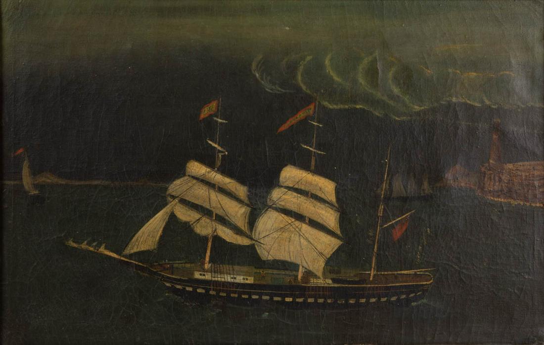 AMERICAN SCHOOL (19TH CENTURY) FOLK ART NAUTICAL: AMERICAN SCHOOL (19TH CENTURY) FOLK ART NAUTICAL PAINTING, oil on canvas, three-masted clipper ship off a rocky coast with lighthouse, no signature located. Housed in a period gilt ripple-molded frame