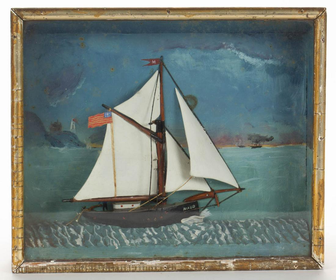 AMERICAN SCHOOL (19TH CENTURY) FOLK ART SHIP DIORAMA: AMERICAN SCHOOL (19TH CENTURY) FOLK ART SHIP DIORAMA, depicting the sloop "MAUD". Housed in original painted shadowbox frame with polychrome painted background, no signature located. Fourth quarter 19