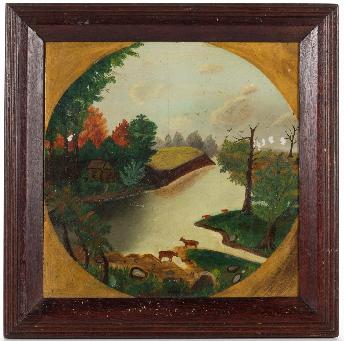 AMERICAN SCHOOL (19TH CENTURY) FOLK ART LANDSCAPE: AMERICAN SCHOOL (19TH CENTURY) FOLK ART LANDSCAPE, oil on board, naive depiction of cattle by a river with a cabin on the opposite bank, no signature located. Housed in a period, possibly original, mo