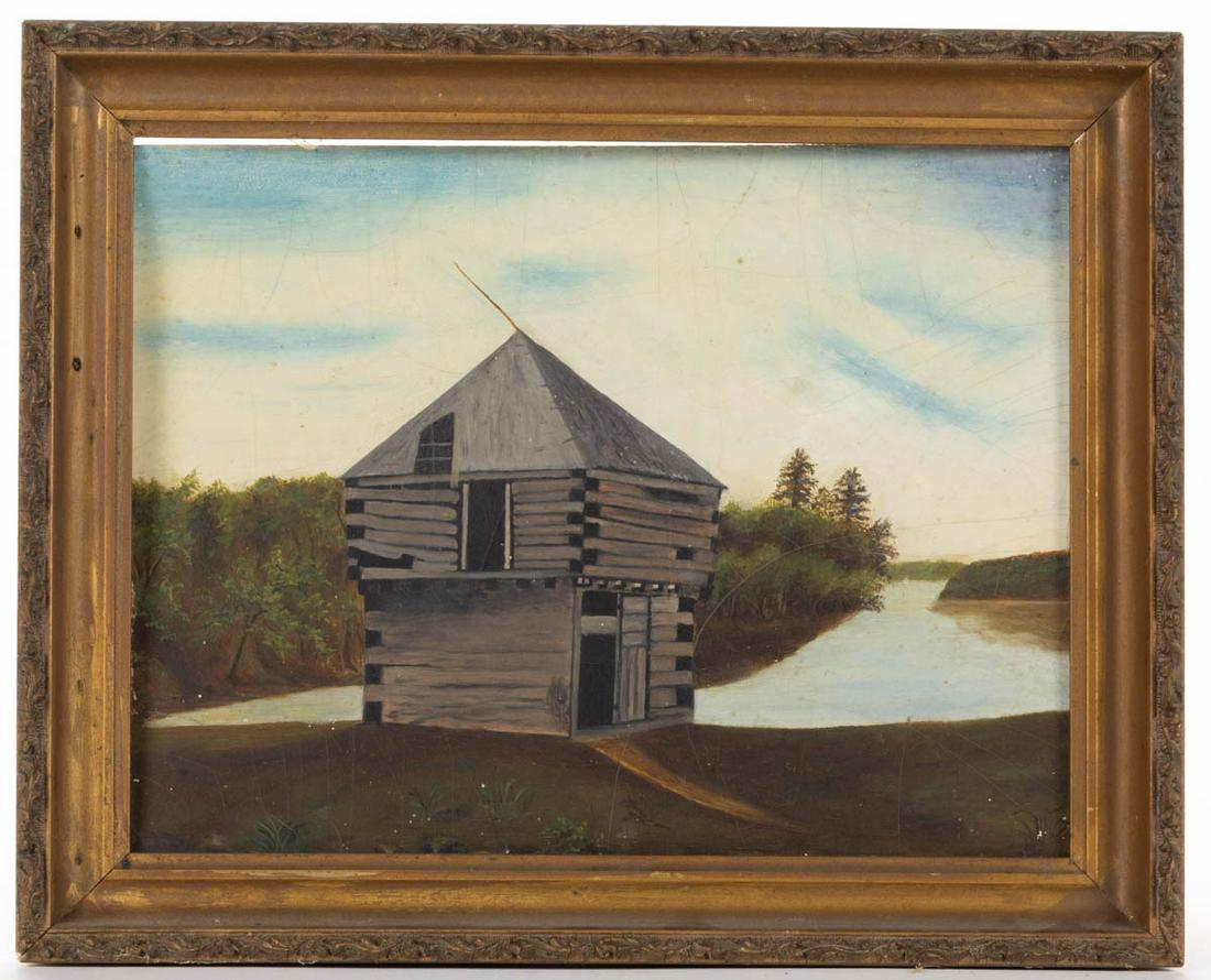 AMERICAN SCHOOL (19TH CENTURY) FOLK ART PAINTING OF A: AMERICAN SCHOOL (19TH CENTURY) FOLK ART PAINTING OF A BLOCKHOUSE, oil on Academy board, possibly a western Virginia scene, depicting an early dilapidated log blockhouse or frontier fort in a rural lan