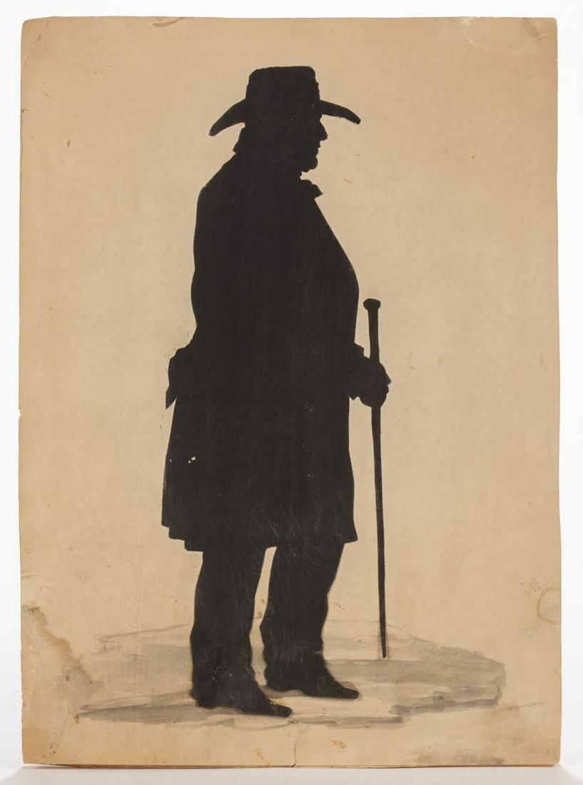 AMERICAN SCHOOL (19TH CENTURY) CUT-AND-PASTED: AMERICAN SCHOOL (19TH CENTURY) CUT-AND-PASTED SILHOUETTE OF SAM HOUSTON, full-length depiction of gentleman in wide-brimmed hat holding a cane, period pencil inscription verso identifying subject as "