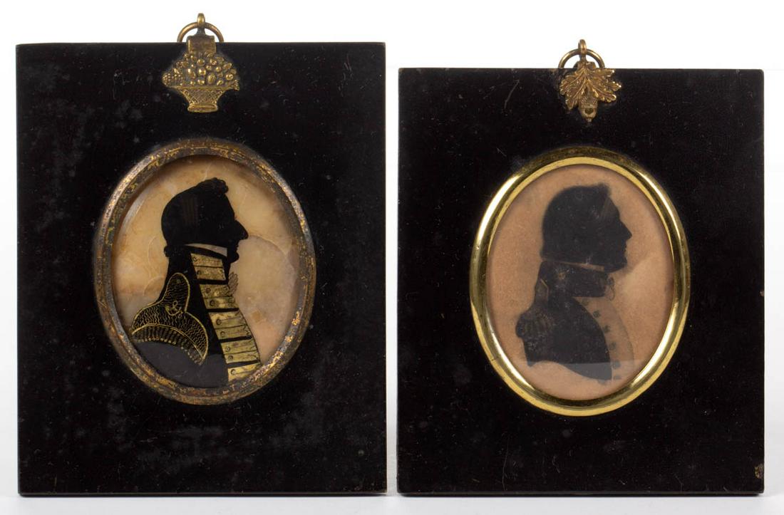 BRITISH SCHOOL (19TH CENTURY) CUT-AND-PASTED SILHOUETTE: BRITISH SCHOOL (19TH CENTURY) CUT-AND-PASTED SILHOUETTE PORTRAIT OF A MILITARY OFFICER, bust-length with eglomise highlights, identified verso as "The Duke of Wellington". Housed in a period ebonized