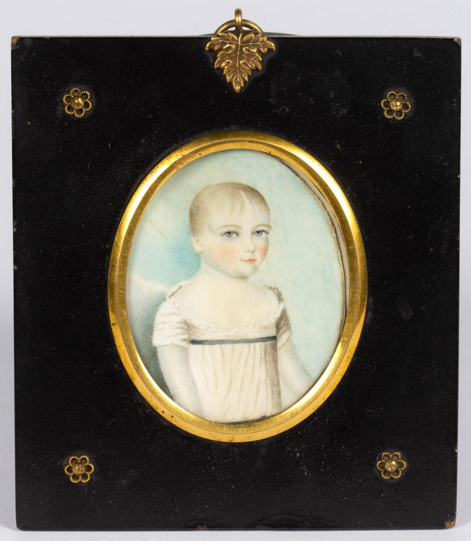 AMERICAN SCHOOL (19TH CENTURY) FOLK ART MINIATURE: AMERICAN SCHOOL (19TH CENTURY) FOLK ART MINIATURE PORTRAIT, watercolor, waist-length depiction of young sitter, with attached note "John Walter Toohill / Aged 4 years 2 months / March 15th 1852." Hous