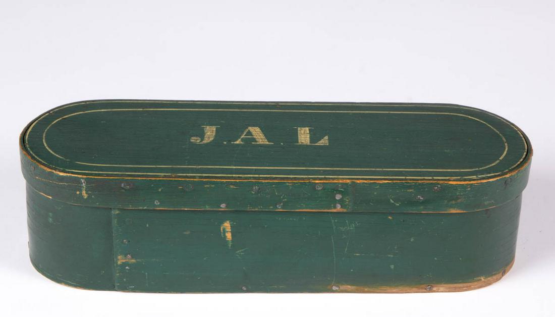 AMERICAN PAINT-DECORATED BENTWOOD BOX: AMERICAN PAINT-DECORATED BENTWOOD BOX, oak / chestnut and poplar, oblong form of tacked construction, lid bearing yellow stenciled initials "J. A. L" with pinstriping to a rich green ground, vibrant s