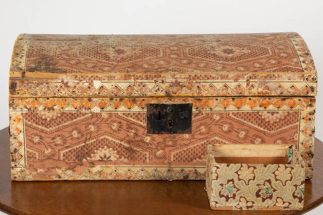 AMERICAN WALLPAPER-COVERED BOXES, LOT OF TWO: AMERICAN WALLPAPER-COVERED BOXES, LOT OF TWO, including a dome-top example. 19th century. Dome-Top 11 1/2" H, 27 1/4" W, 14 1/2" W.Good overall condition, smallest example possibly lacking cover, each