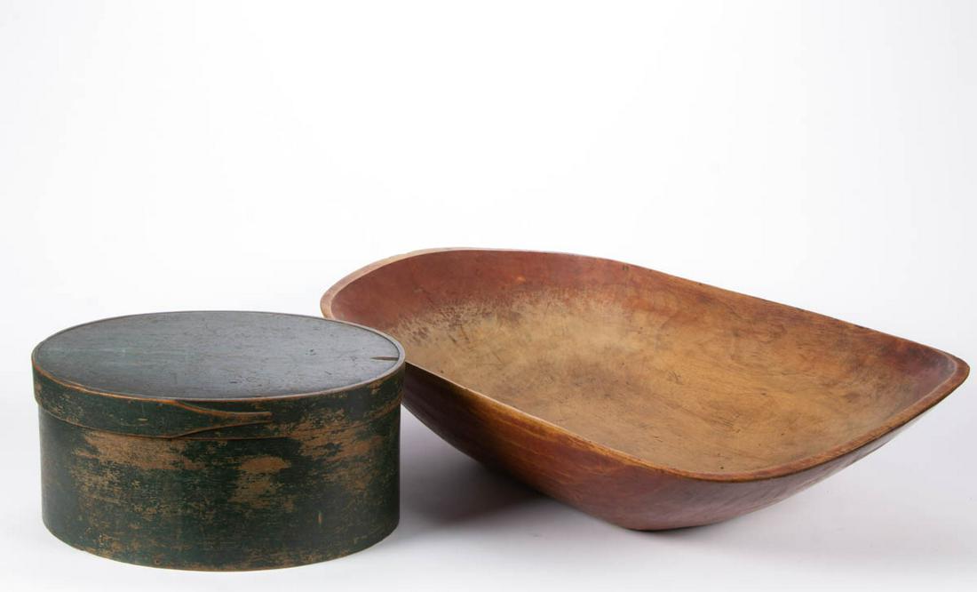 AMERICAN COUNTRY PAINTED ARTICLES, LOT OF TWO: AMERICAN COUNTRY PAINTED ARTICLES, LOT OF TWO, comprising a treen trencher, and bentwood box with inscription under cover "This Box was given to / Chandler + Mera b ??? Colt / when they were married, 