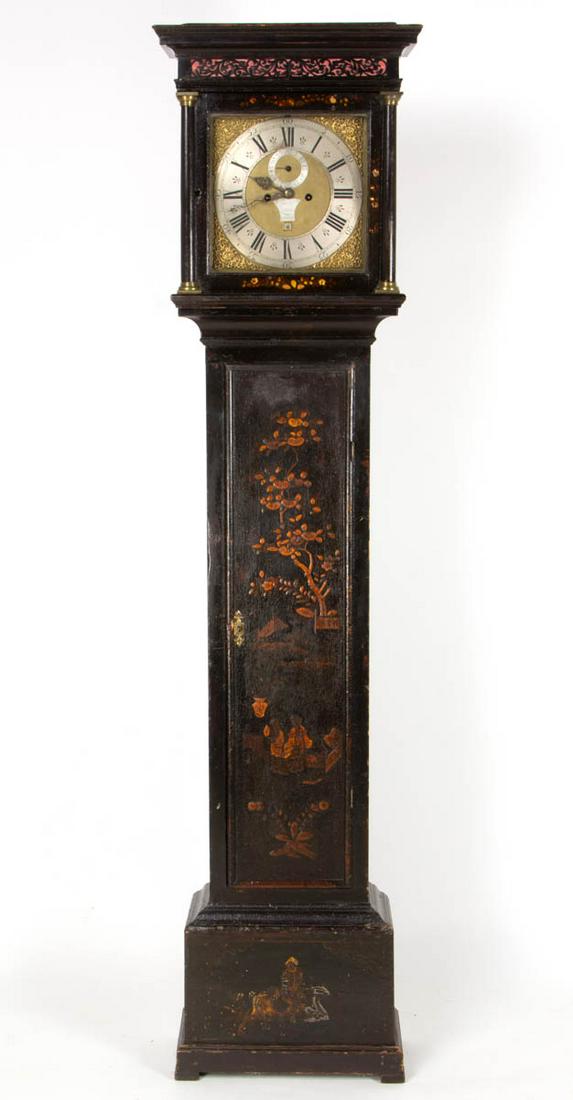 DAVID LESTOURGEON (FRENCH-BRITISH, ACTIVE 1698-1731): DAVID LESTOURGEON (FRENCH-BRITISH, ACTIVE 1698-1731) JAPANNED TALL-CASE / LONG-CASE CLOCK, brass eight-day movement, brass dial with open-work spandrels and silvered Roman chapter ring, signed "David 