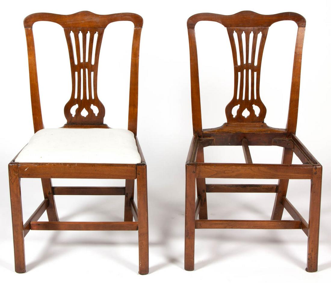 PAIR OF AMERICAN OR BRITISH CHIPPENDALE CHERRY SIDE: PAIR OF AMERICAN OR BRITISH CHIPPENDALE CHERRY SIDE CHAIRS, each with shaped crest rail, lobate pierced vasiform splat with keyhole-like apertures below, trapezoidal molded seat frame, square-molded l