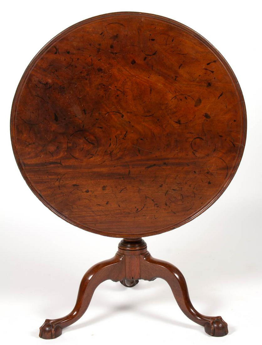 PHILADELPHIA CHIPPENDALE CARVED MAHOGANY TILT-TOP TEA: PHILADELPHIA CHIPPENDALE CARVED MAHOGANY TILT-TOP TEA TABLE, the circular dished top over birdcage above baluster pedestal raised on tripodal base with cabriole legs ending in finely delineated ball-a
