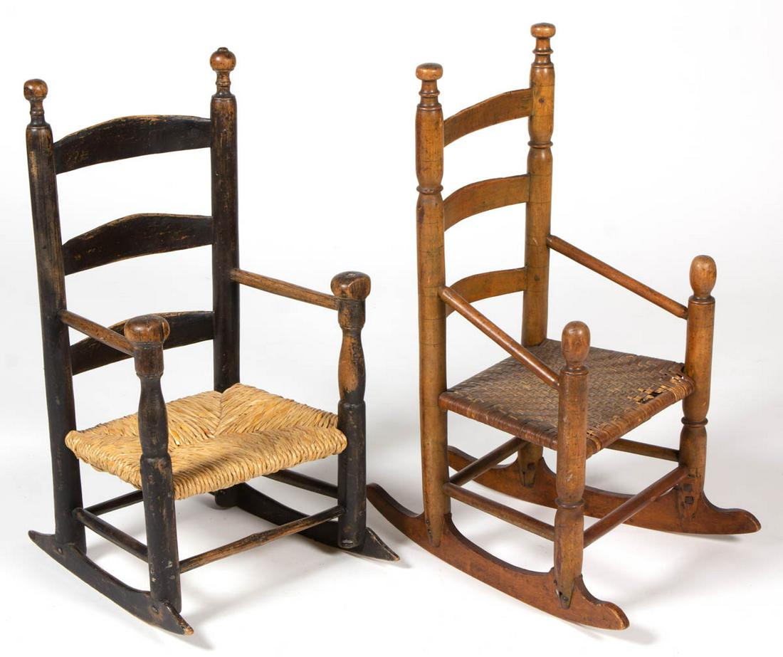 NEW ENGLAND LADDERBACK CHILD'S ROCKING CHAIRS, LOT OF: NEW ENGLAND LADDERBACK CHILD'S ROCKING CHAIRS, LOT OF TWO, each with stylized finials, including one inscribed to the interior of the rocker "Grandpa Gates to Herman Gates / 1806-1910". One example re
