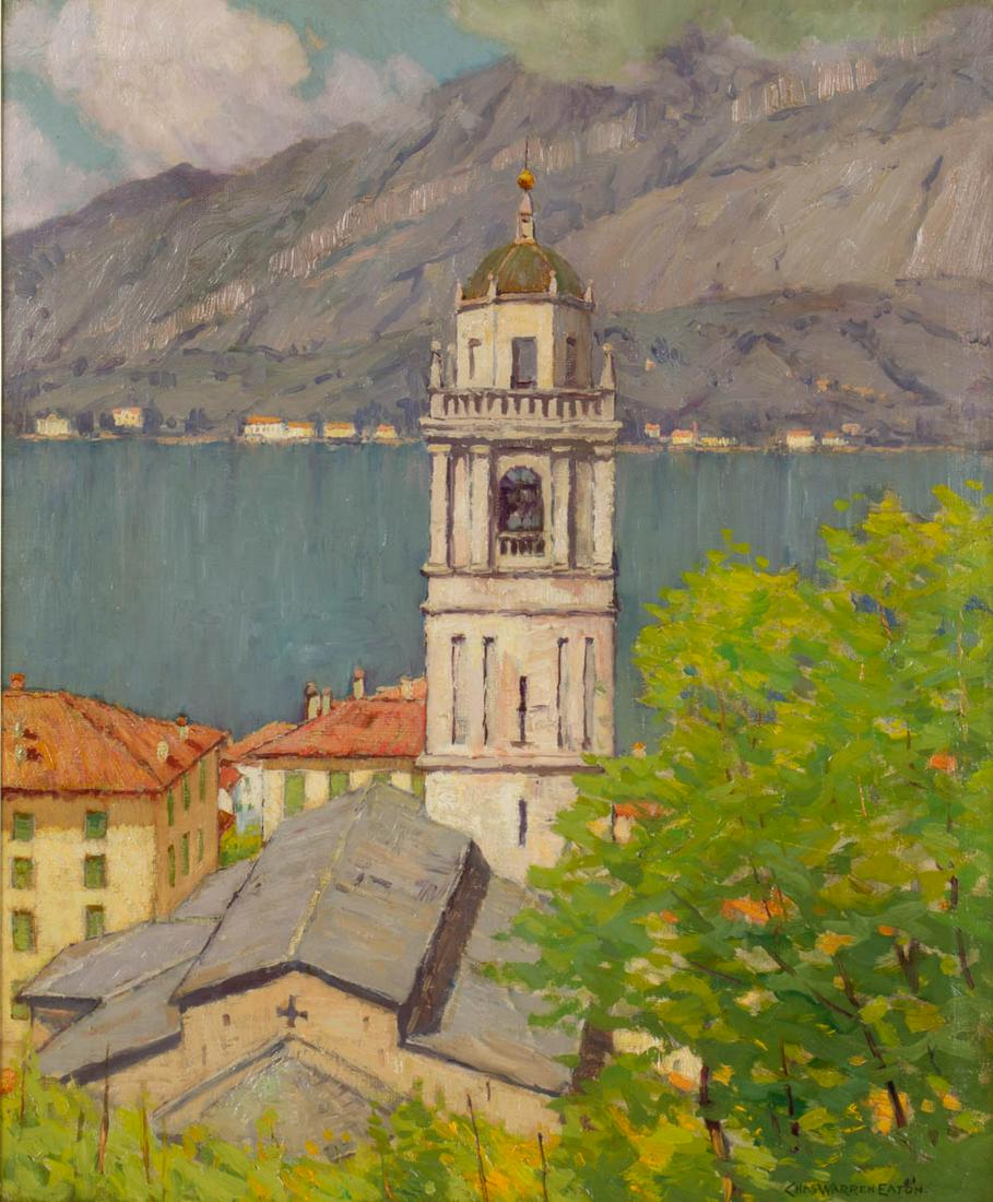 CHARLES WARREN EATON (AMERICAN, 1857-1937) LAKE COMO: CHARLES WARREN EATON (AMERICAN, 1857-1937) LAKE COMO LANDSCAPE, oil on canvas, an Impressionist view with elements of impasto, depicting the Basilica di San Giacomo with the blue waters of the lake in