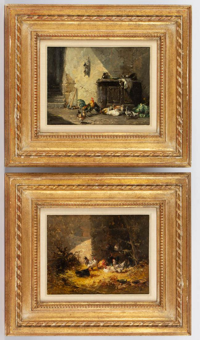PAIR OF CHARLES EMILE JACQUE (FRENCH, 1813-1894),: PAIR OF CHARLES EMILE JACQUE (FRENCH, 1813-1894), ATTRIBUTED, FARMYARD PAINTINGS, oil on panel (each), each depicting chickens, no signature(s) located, panels bearing mark "TACHET / BREVETE / A PARIS