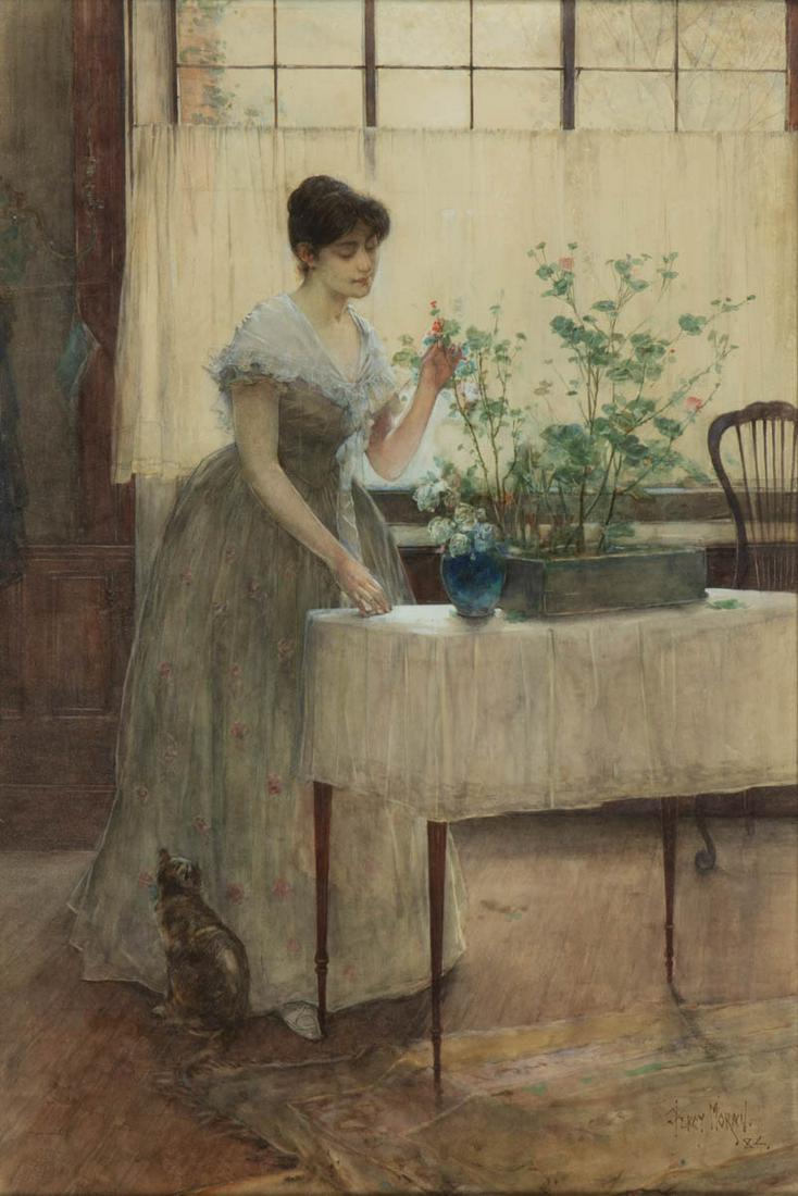 EDWARD PERCY MORAN (AMERICAN, 1862-1935) GENRE SCENE: EDWARD PERCY MORAN (AMERICAN, 1862-1935) GENRE SCENE, watercolor on paper, a beautiful composition of large scale, depicting a young woman standing by a sunlit window examining a potted geranium on a