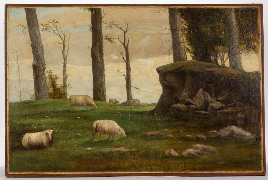 AMERICAN OR BRITISH SCHOOL (19TH CENTURY) LANDSCAPE: AMERICAN OR BRITISH SCHOOL (19TH CENTURY) LANDSCAPE WITH SHEEP, oil on canvas, several grazing on a verdant, rocky hilltop, signed and dated "H. J. Nutter / 1883" lower right. Unframed, thin pine stri