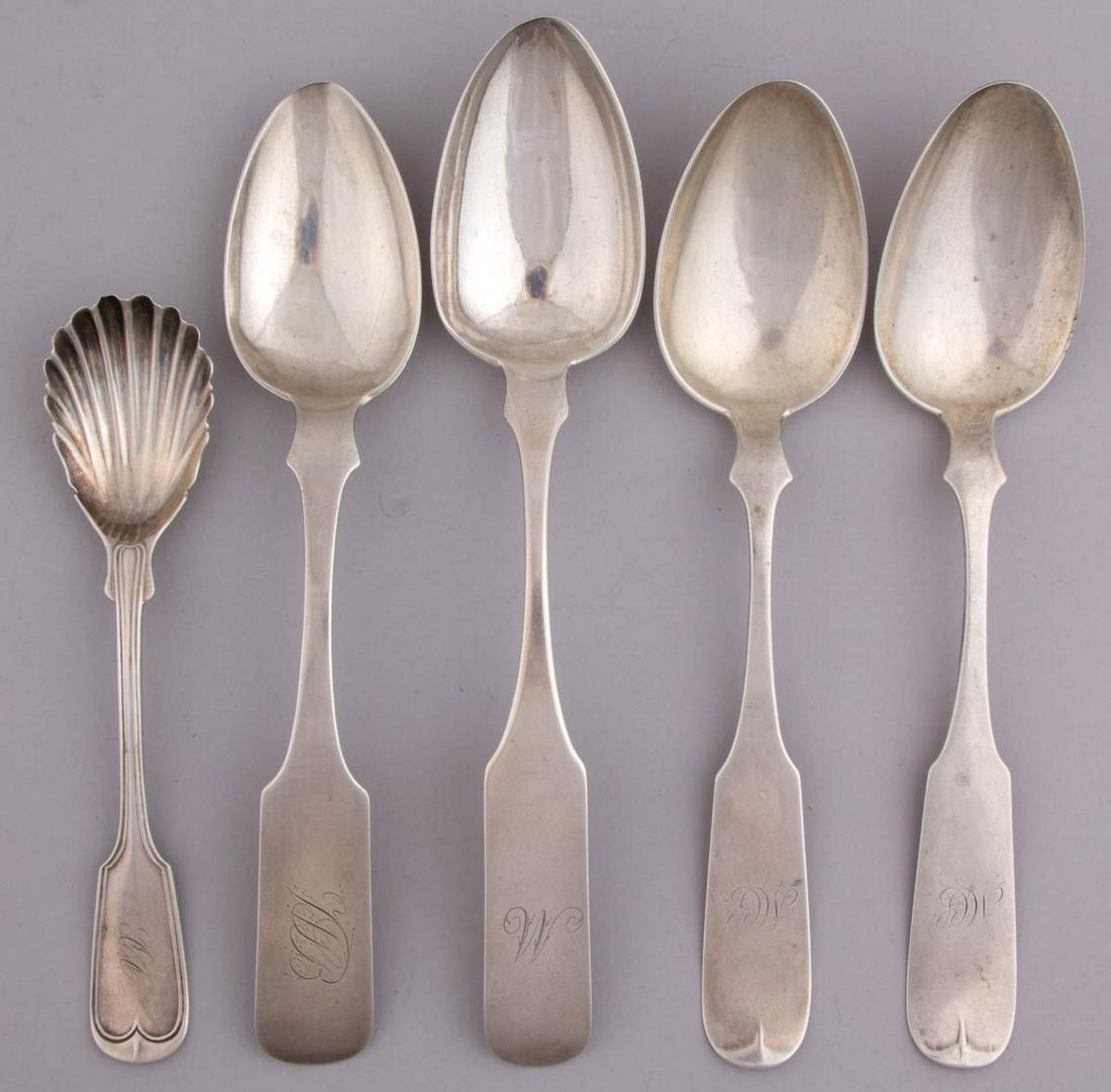 VIRGINIA / DC COIN SILVER AND BALTIMORE, MARYLAND: VIRGINIA / DC COIN SILVER AND BALTIMORE, MARYLAND STERLING SPOONS, LOT OF FIVE, each having fiddle handle with personalized engraving, comprising a shell sugar spoon by William Wallace Adam of Alexand