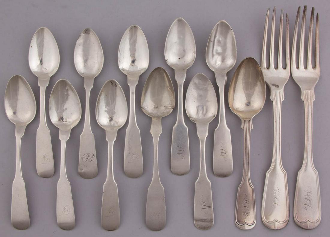 VIRGINIA COIN SILVER SPOONS AND FORKS, LOT OF 13: VIRGINIA COIN SILVER SPOONS AND FORKS, LOT OF 13, comprising a teaspoon by Williams & Victor of Lynchburg, VA (active 1813-1845), and 12 pieces by Mitchell & Tyler of Richmond, VA (active 1845-1866) c