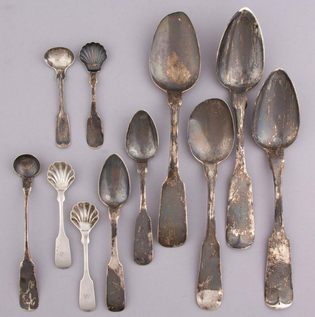 RICHMOND, VIRGINIA COIN SILVER SPOONS, LOT OF TEN: RICHMOND, VIRGINIA COIN SILVER SPOONS, LOT OF TEN, each having a fiddle handle with personalized engraving, comprising a pair of shell-bowl salt spoons by Gennet & James (active 1847-1855), the partne