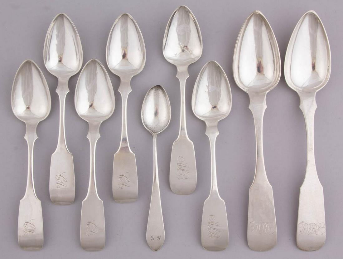 CONNECTICUT AND OTHER AMERICAN COIN SILVER SPOONS, LOT: CONNECTICUT AND OTHER AMERICAN COIN SILVER SPOONS, LOT OF NINE, comprising a small teaspoon by Abel Buell of Connecticut, a pair of dessert/soup spoons by James Watson of Philadelphia, PA, and six tea