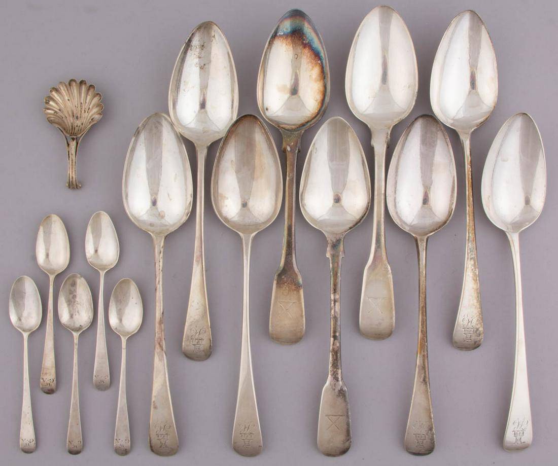 HESTER BATEMAN AND OTHER GEORGIAN ENGLISH STERLING: HESTER BATEMAN AND OTHER GEORGIAN ENGLISH STERLING SILVER SPOONS, LOT OF 15, comprising a tea caddy spoon with shell bowl by Hester Bateman of London with no date mark, a set of five demitasse spoons