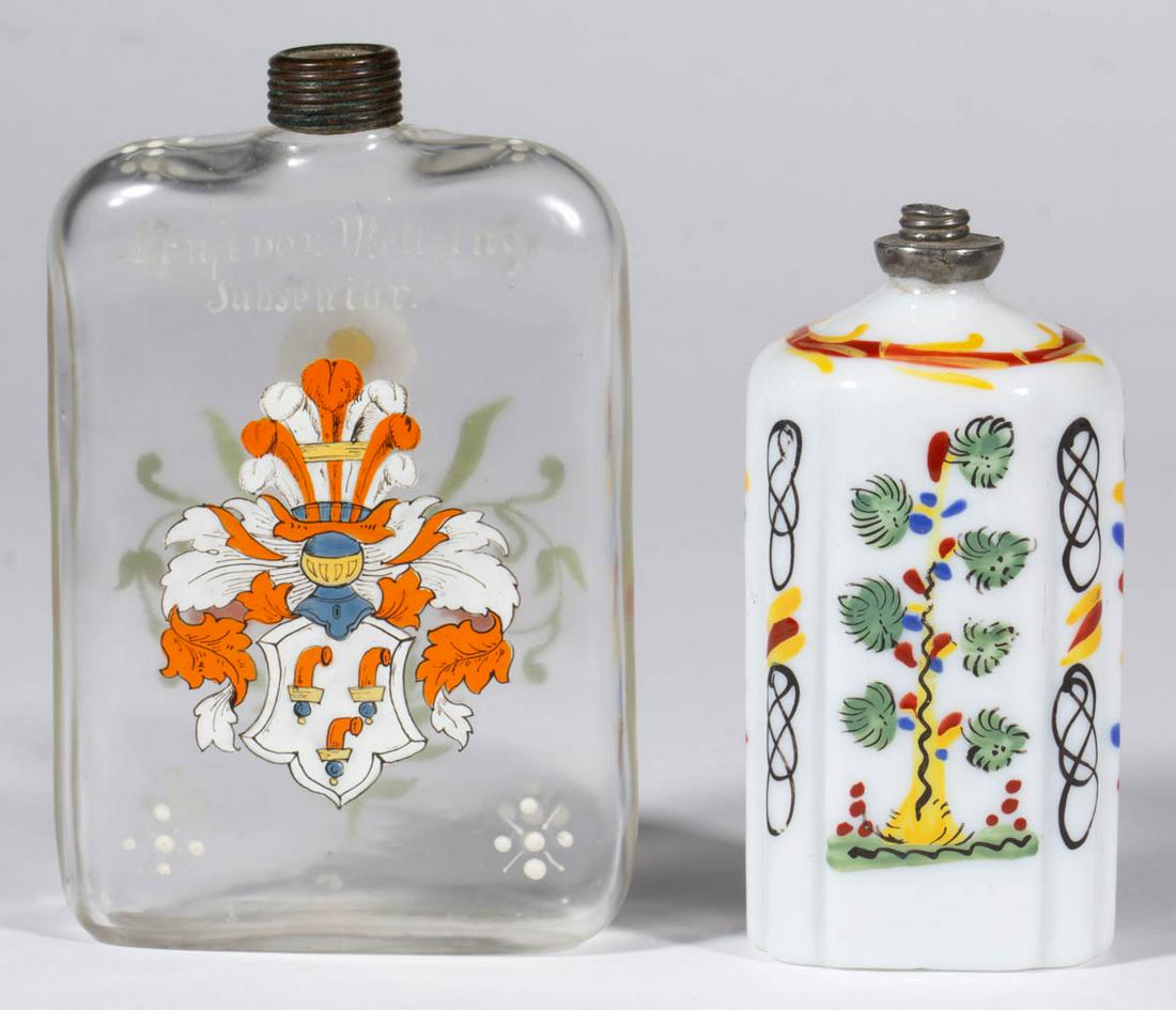 HALF-POST BLOWN AND DECORATED "STIEGEL-TYPE" BRIDE'S /: HALF-POST BLOWN AND DECORATED "STIEGEL-TYPE" BRIDE'S / DRUG BOTTLE, opaque white with polychrome-enamel decoration, decoration depicting a matching tree on each face, having original pewter collar, ro