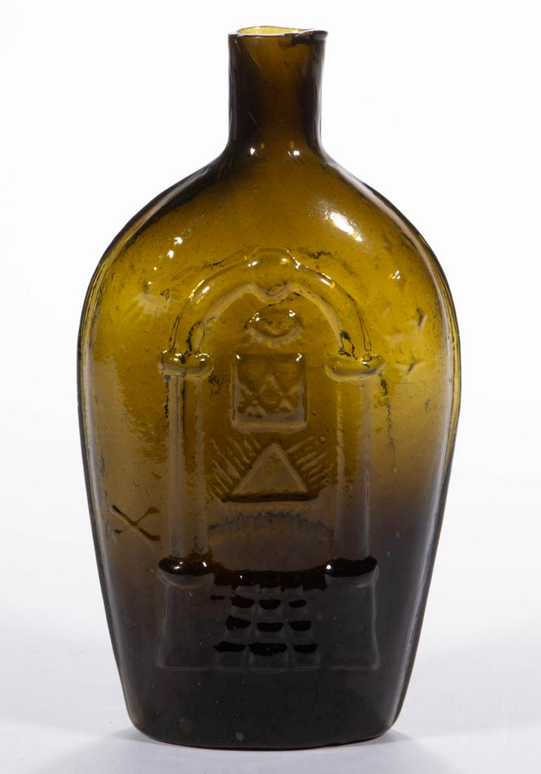 GIV-19 MASONIC - EAGLE PICTORIAL / HISTORICAL FLASK: GIV-19 MASONIC - EAGLE PICTORIAL / HISTORICAL FLASK, brilliant olive green, pint, reverse embossed "KCCNC" within oval below eagle, plain mouth, rough pontil ring. Keene-Marlboro-Street Glassworks, Ke