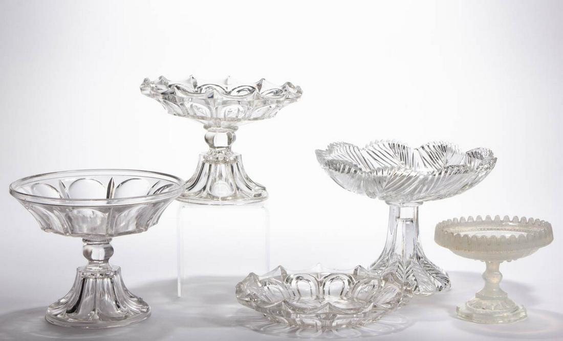 ASSORTED FLINT EAPG ARTICLES, LOT OF FIVE: ASSORTED FLINT EAPG ARTICLES, LOT OF FIVE, colorless and opalescent, including a Lead open compote, a Bigler open compote, and a Gothic Arch open compote and dish. Boston & Sandwich Glass Co. and othe