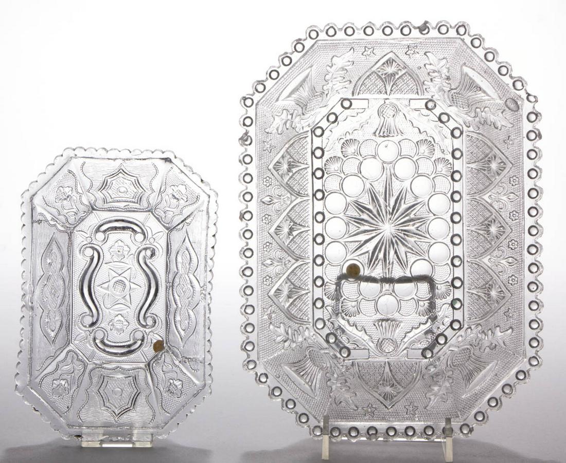 ASSORTED PRESSED LACY OCTAGONAL DISHES, LOT OF TWO: ASSORTED PRESSED LACY OCTAGONAL DISHES, LOT OF TWO, colorless, comprising a Gothic Arch and Thistle, and an octagonal dish with Stars, C-scrolls, and Floral pattern. Various makers. Second quarter 19t