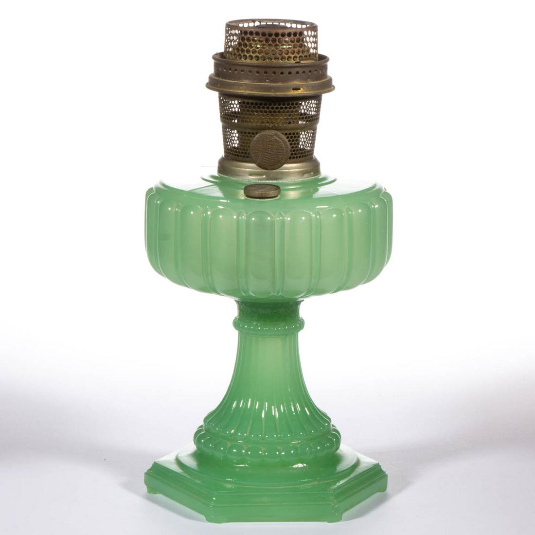 ALADDIN MODEL 111 / CATHEDRAL KEROSENE STAND LAMP: ALADDIN MODEL 111 / CATHEDRAL KEROSENE STAND LAMP, Pastel Green Moonstone/Apple Green, crimped collar, side refill feature with period screw-cap. Fitted with a brass Model B "CHICAGO" burner having a