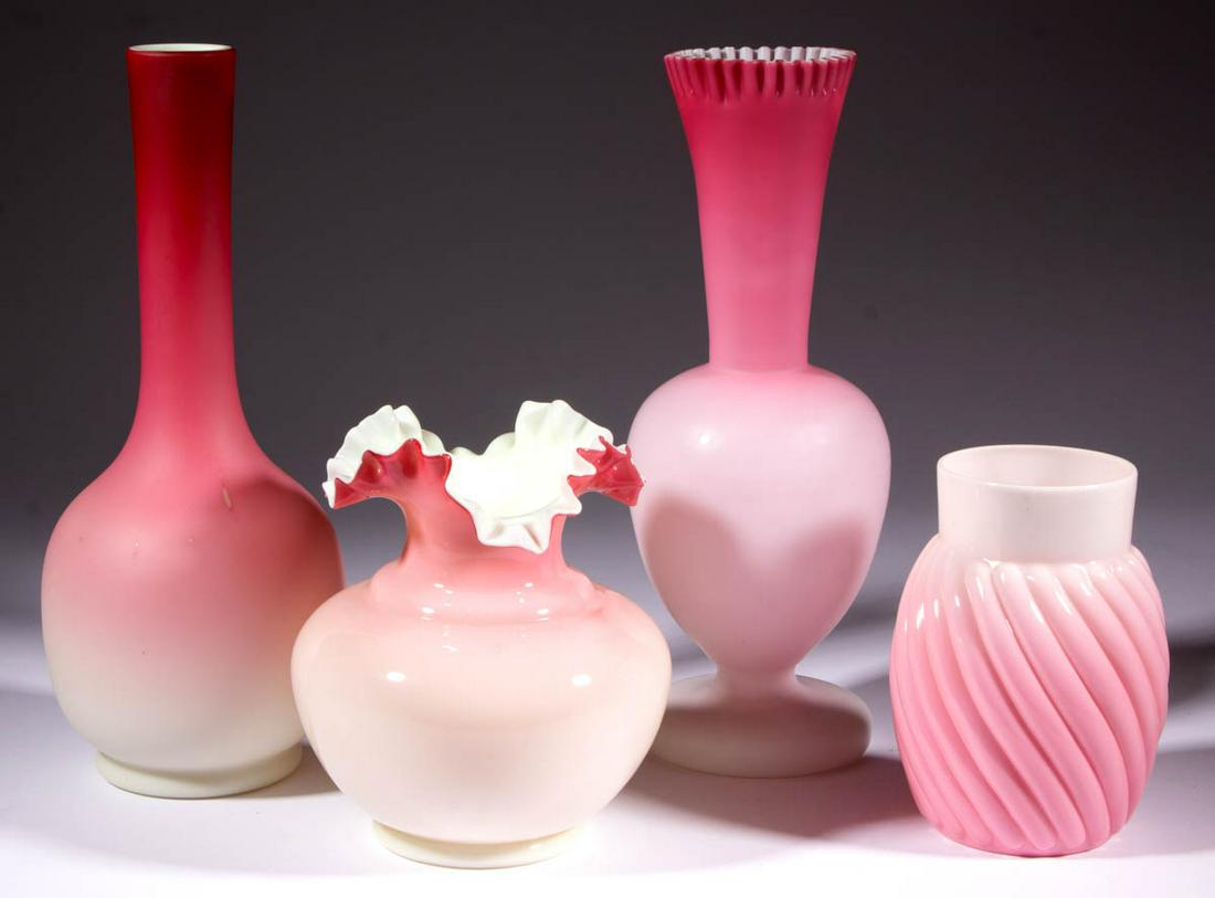 ASSORTED PEACHBLOW-TYPE VASES, LOT OF FOUR: ASSORTED PEACHBLOW-TYPE VASES, LOT OF FOUR, glossy and plush, comprising a tall bud form, a tall ovoid with a flaring neck, a Reverse Swirl, and a squat urn form with a ruffled rim. Various makers. La