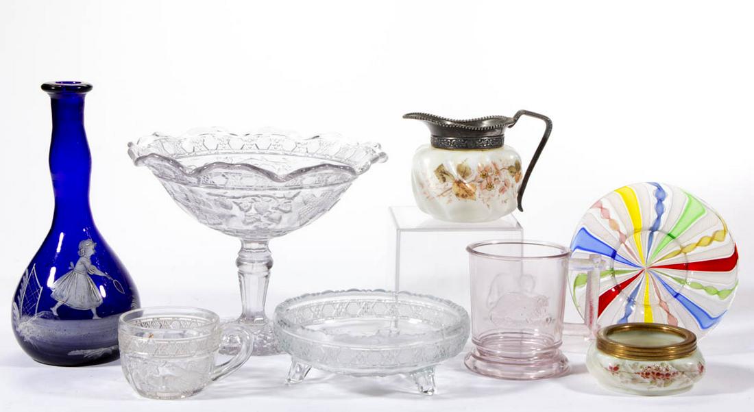 ASSORTED GLASS ARTICLES, LOT OF EIGHT: ASSORTED GLASS ARTICLES, LOT OF EIGHT, various colors, including a Bird and Strawberry compote, dish, and punch cup, a blue barber's bottle with so-called Mary Gregory decoration, and a Murano lattici