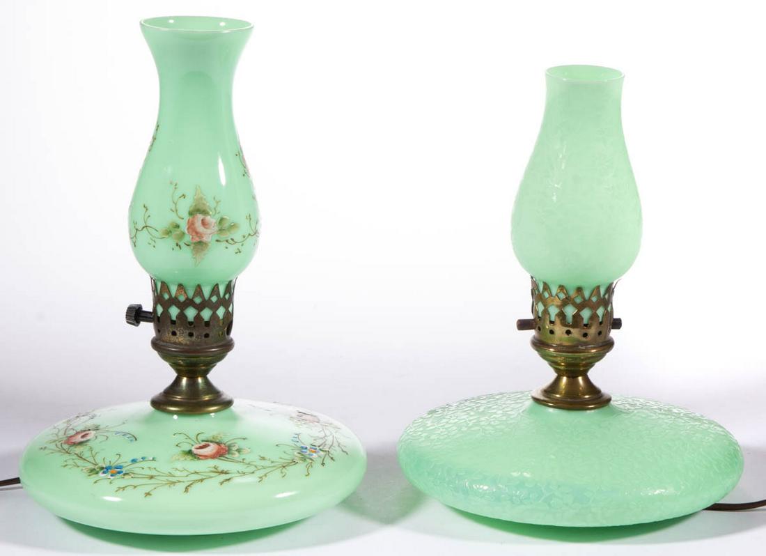FENTON JADEITE PAIR OF ELECTRIC LAMPS: FENTON JADEITE PAIR OF ELECTRIC LAMPS, Jade, each having a compressed saucer base with one having polychrome-enamel floral decoration, other having acid-etched floral decoration, each having a matchin