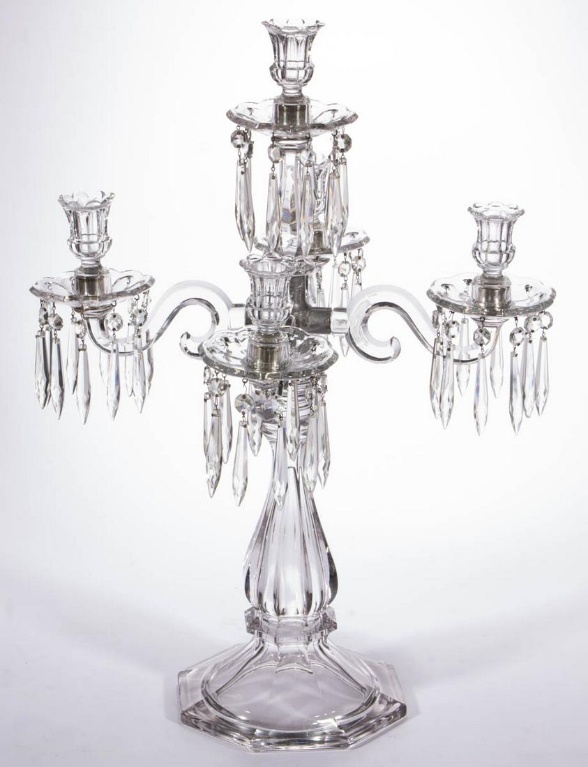 HEISEY PRESSED GLASS CANDELABRA: HEISEY PRESSED GLASS CANDELABRA, colorless, large hexagonal baluster-form base with a metal connector supporting five arms with five sockets and matching bobeches, including hanging prisms. A. H. Heis