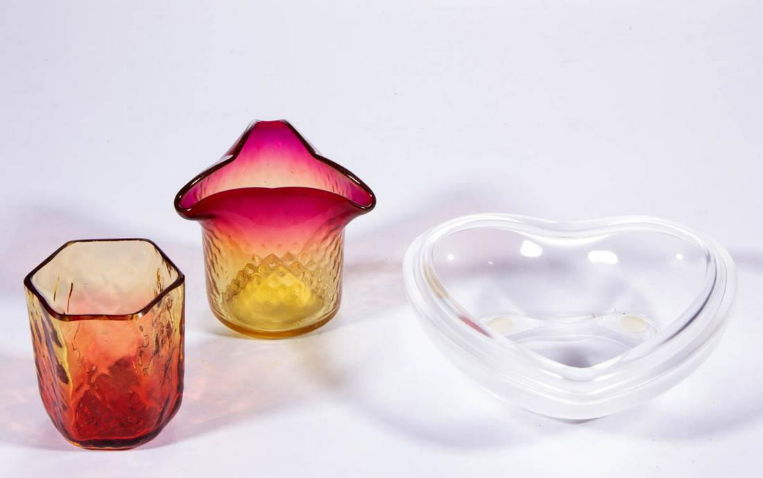 ASSORTED AMBERINA DIAMOND-OPTIC TOOTHPICK HOLDERS, LOT: ASSORTED AMBERINA DIAMOND-OPTIC TOOTHPICK HOLDERS, LOT OF TWO, comprising a hexagonal form and a tri-corner example, hexagonal having a factory-polished rim. Together with a Lalique dresser dish base.