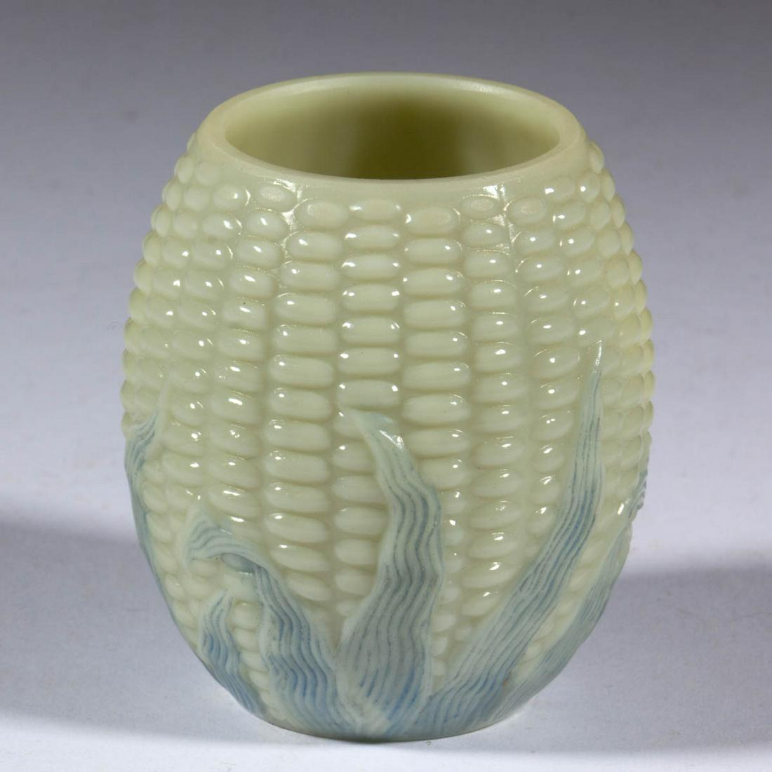 LIBBEY'S MAIZE TOOTHPICK HOLDER: LIBBEY'S MAIZE TOOTHPICK HOLDER, custard with blue staining, factory polished rim. W. L. Libbey & Sons. Circa 1889. 2 3/8" H. Undamaged with some wear to the staining. Literature: Parallels the Bredeh