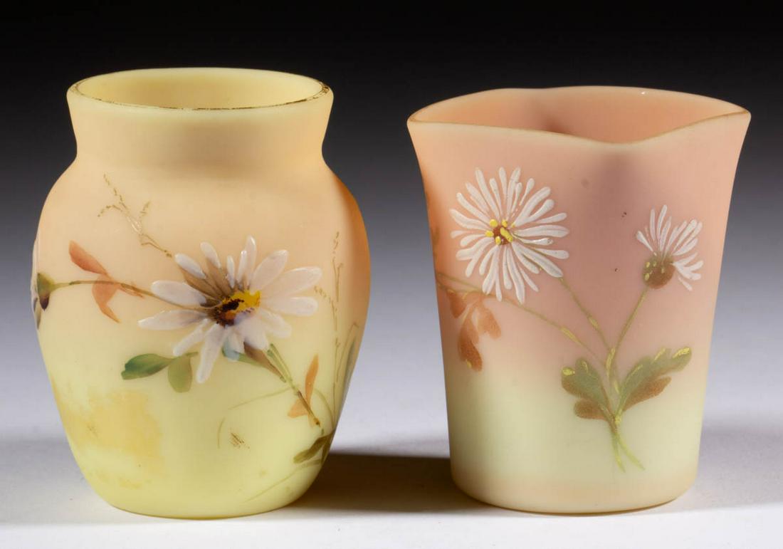 MT. WASHINGTON DECORATED BURMESE TOOTHPICK HOLDERS, LOT: MT. WASHINGTON DECORATED BURMESE TOOTHPICK HOLDERS, LOT OF TWO, plush, comprising a square form with chrysanthemum decoration, and an urn form with floral decoration. Mt. Washington Glass Co. 1885-189