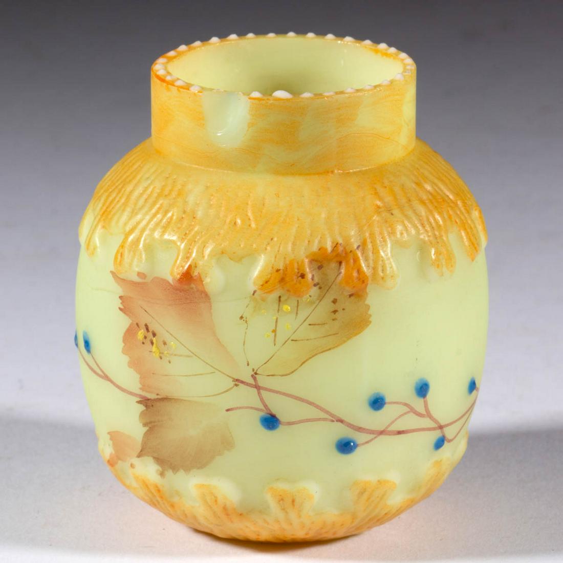 MT. WASHINGTON PARALLEL GREEK KEY TOOTHPICK HOLDER: MT. WASHINGTON PARALLEL GREEK KEY TOOTHPICK HOLDER, Burmese/custard (reacts under black light), plush finish, stained shoulder and base, medial polychrome-enamel berry decoration, rim with applied ena